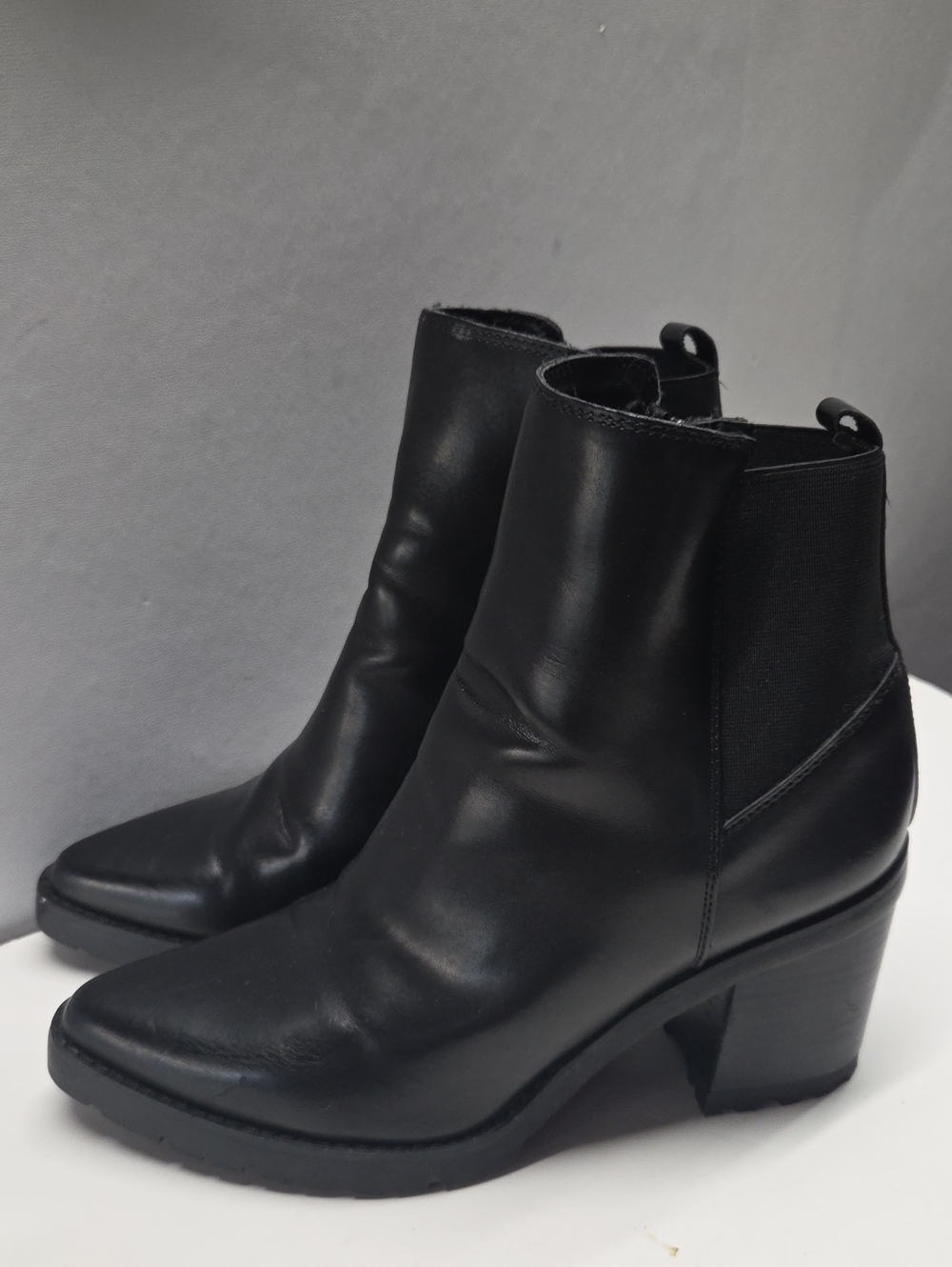 Franco Sarto Black Faux Leather Pointed Chelsea Ankle Boots Size 7.5